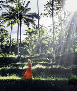 Side view of woman in red dress by trees on field against sky