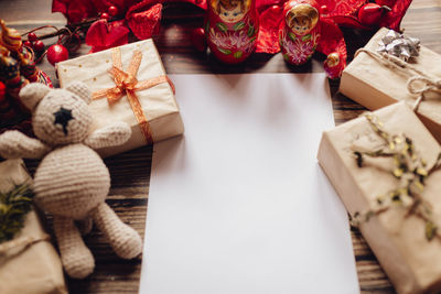 High angle view of christmas decorations on table