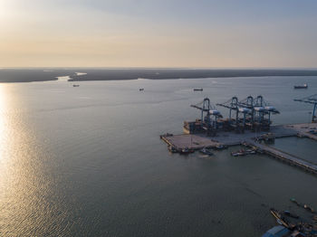 High angle view of ship in sea against sky