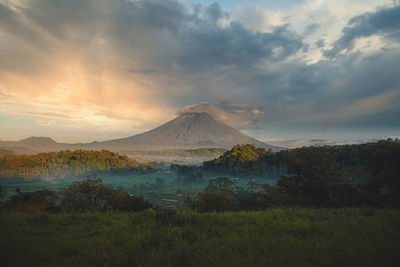 Scenic view of landscape against cloudy sky during sunset