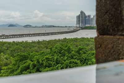 Scenic view of city by buildings against sky