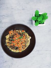 High angle view of food in bowl on table