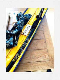 High angle view of yellow pencils on table