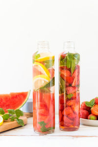 Close-up of fruits served on glass