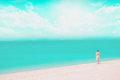 Rear view of man looking at sea against sky