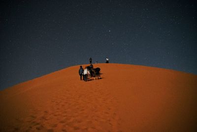 Tent on sand at beach against clear sky at night