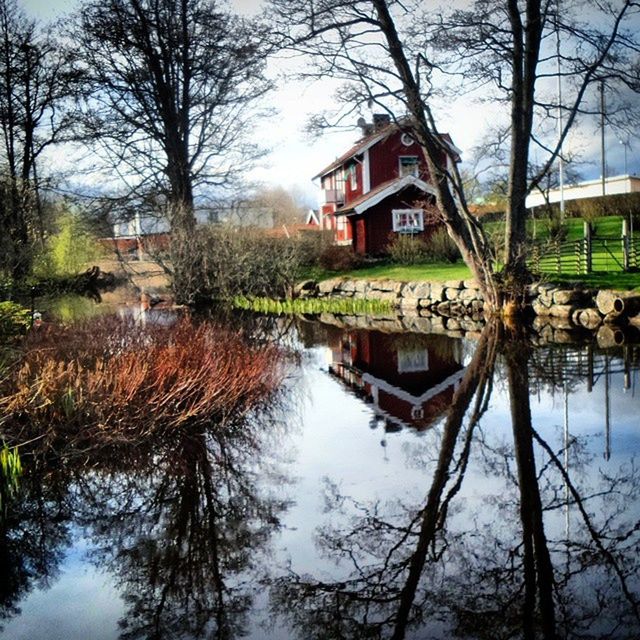 architecture, built structure, building exterior, tree, water, bare tree, reflection, house, waterfront, canal, sky, river, branch, residential building, lake, residential structure, nature, growth, day, outdoors