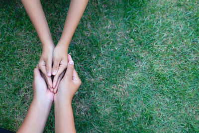 Directly above shot of cropped hands over grass