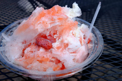 Close-up of shaved ice with strawberries