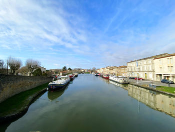 Canal amidst buildings in city against sky