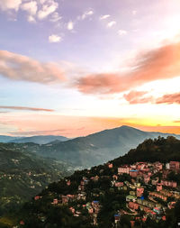 High angle view of townscape against sky during sunset