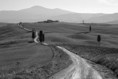 Rear view of dirt road on field against sky