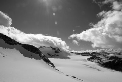 Scenic view of snow covered mountains against sky
