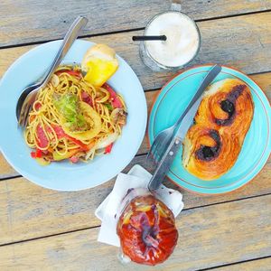 Directly above shot of food served in plate