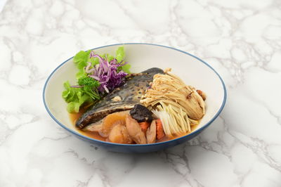 High angle view of food in plate on table