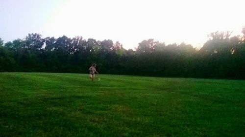 Rear view of man standing on grassy field