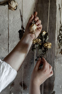 Close-up of hand holding died roses tied to wall