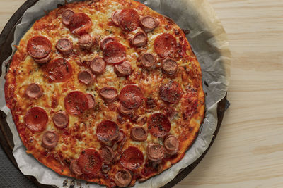 High angle view of pizza on table