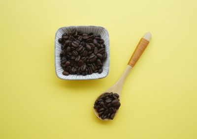 High angle view of bread on table against yellow background