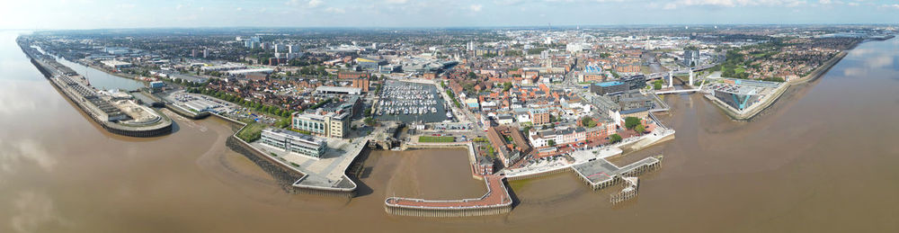 High angle view of buildings in city