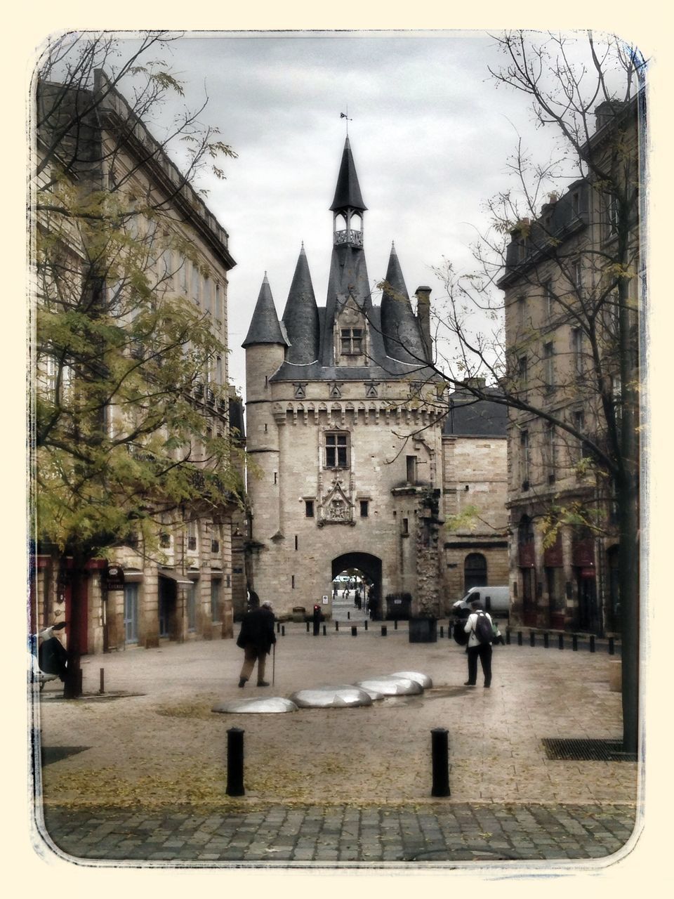 building exterior, architecture, built structure, transfer print, sky, city, auto post production filter, church, men, religion, place of worship, walking, street, person, incidental people, facade, history