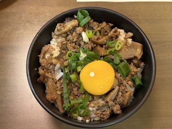 High angle view of food in plate on table