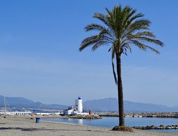 An empty beach and lighthouse near duquesa in southern spain