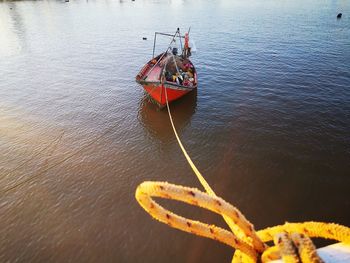 High angle view of boat moored in sea