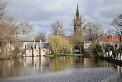 Reflection of building in lake against sky