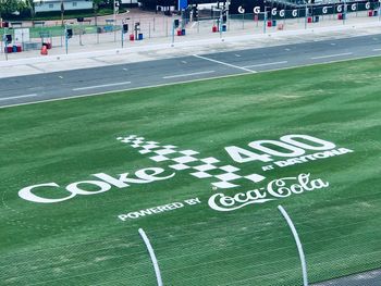 High angle view of text on soccer field