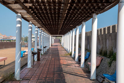 Corridor of building against clear sky