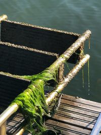 High angle view of rope on pier over sea