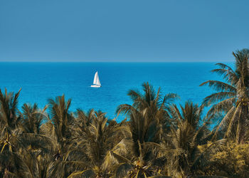 Scenic view of sea against clear blue sky