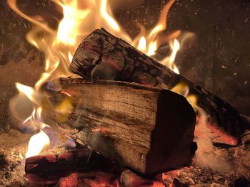 Close-up of fire burning in wood