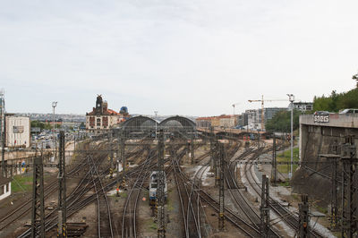 High angle view of train on railroad tracks against sky