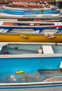 High angle view of boats moored at harbor