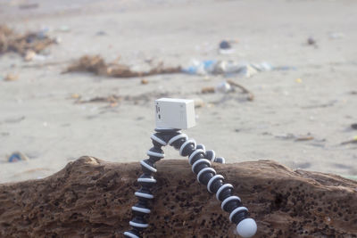 High angle view of text on sand at beach