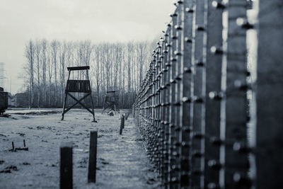 Wooden posts in winter against sky