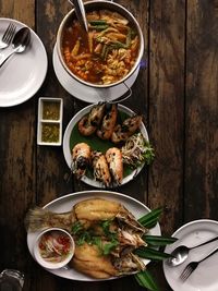 High angle view of food served on table