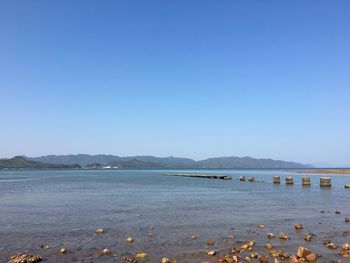 Scenic view of sea against clear blue sky