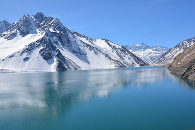 Scenic view of snowcapped mountains against clear blue sky