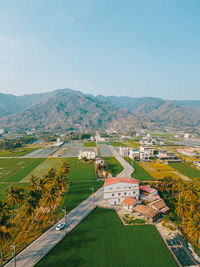 High angle view of townscape against clear sky
