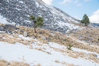 Scenic view of mountains against sky during winter