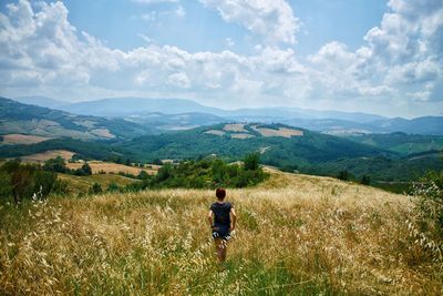 Rear view of man looking at field against sky