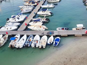 High angle view of boats moored at harbor