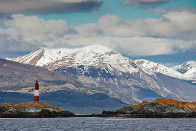 Snowcapped mountains by sea