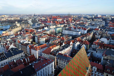 High angle shot of townscape against the sky