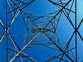 Low angle view of electricity pylon against clear sky