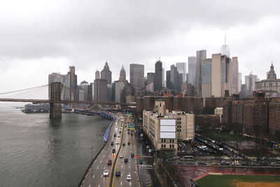 Bridge over river by buildings in city against sky