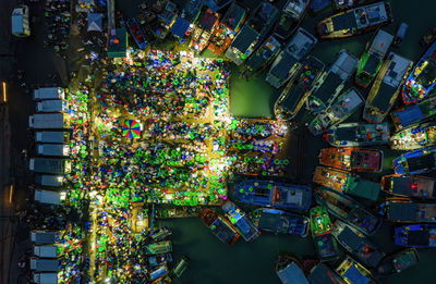 Aerial view of floating market at harbor